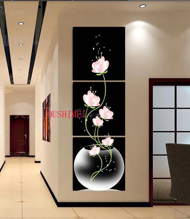 Hand Painted Modern Black Background Oil Painting On Canvas Pink Flower Paintings For Living Room Decor Wall Pictures Craft