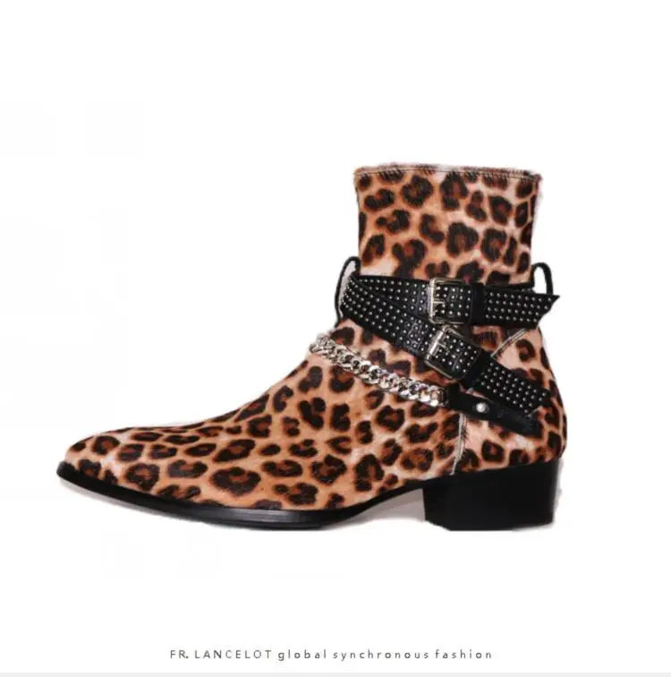 2022 Leopard Floral Suede Men Boots Ankles Botas Sliver Chains Cross Buckles Low Heel Shoes Mens Sapatos Mujer