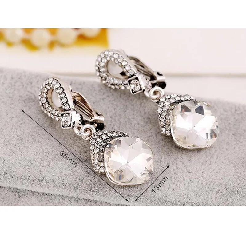 Vintage Silver Plated Rhinestone Crystal Resin Water Drop Geometric Clip on Earrings No Pierced for Women No Ear Hole Earrings