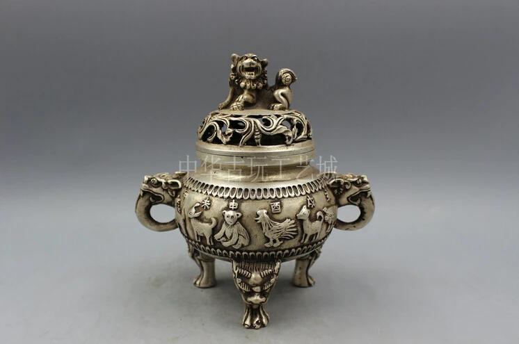 

Vintage Tibet Silver HandMade Carved 12 Beastie Censer Qing Dynasty Incense Burner Statue