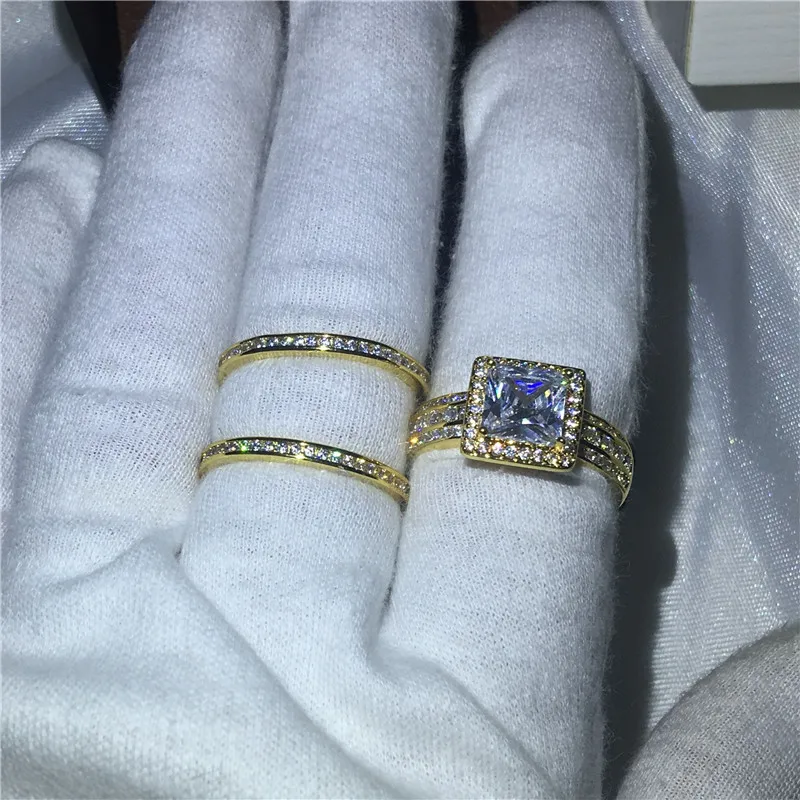 Vecalon Princess cut 3-in-1 ring set Yellow Gold Filled 925 Silver 5A Zircon Cz Engagement wedding Band rings for women Men Gift