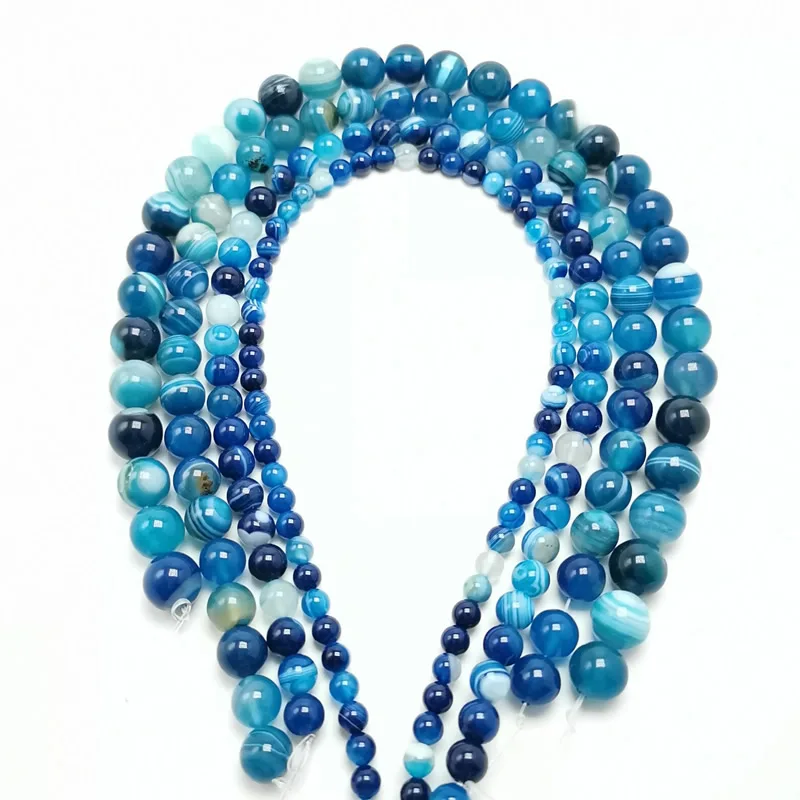 Natural Peacock Blue Zircon Stripe Agates Round Loose Beads 6 8 10 12 14 MM Pick Size For Jewelry Making