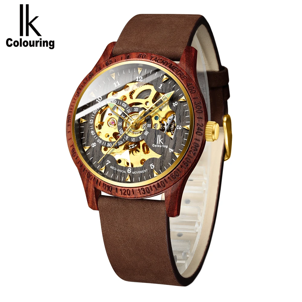 IK Colouring Men\'s Wood Watch Luxury Golden Skeleton Mechanical Wooden Case Leather Strap Automatic Male Wristwatch Dropshipping