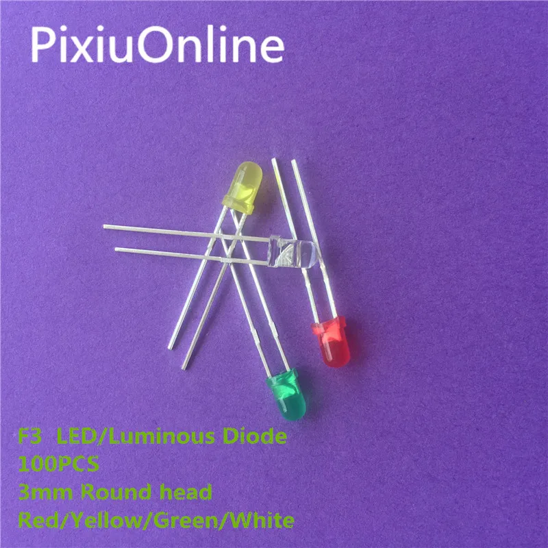 

100PCS YT1999 F3 3mm RED/YELLOW/GREEN/WHITE Led Luminous Diode Light Emitting Diode 4 Colors Free shipping