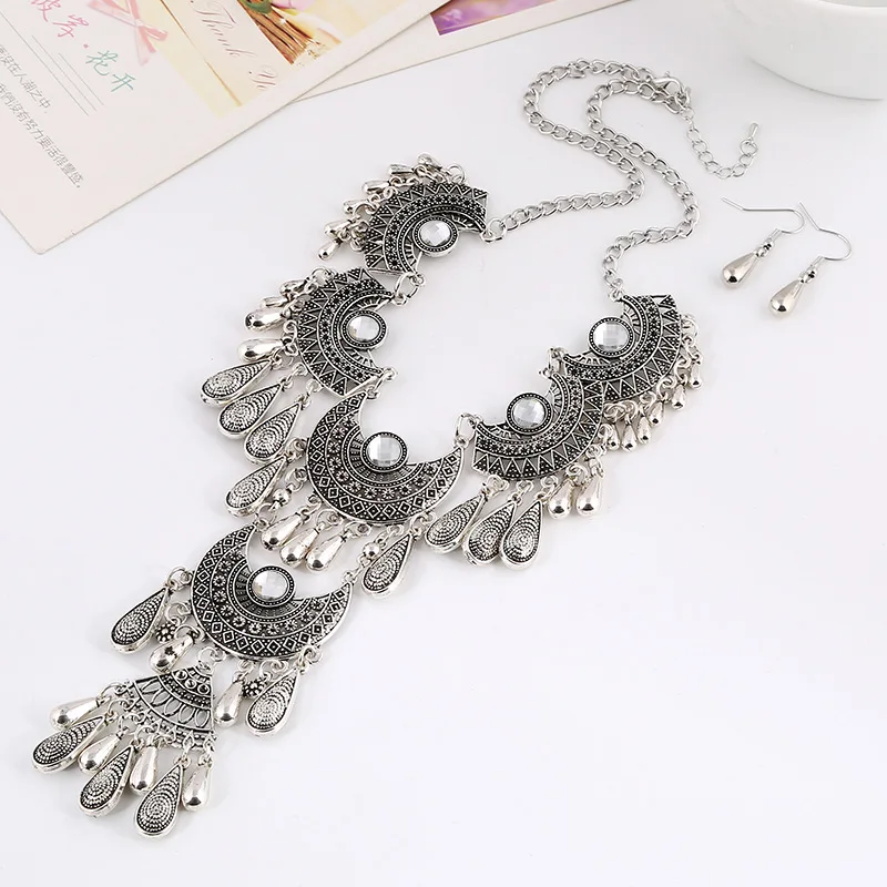 LOVBEAFAS Fashion Choker Bohemian Jewelry Sets Drop Tassel Statement Maxi Necklace Earrings For Women Colar Vintage Jewelry