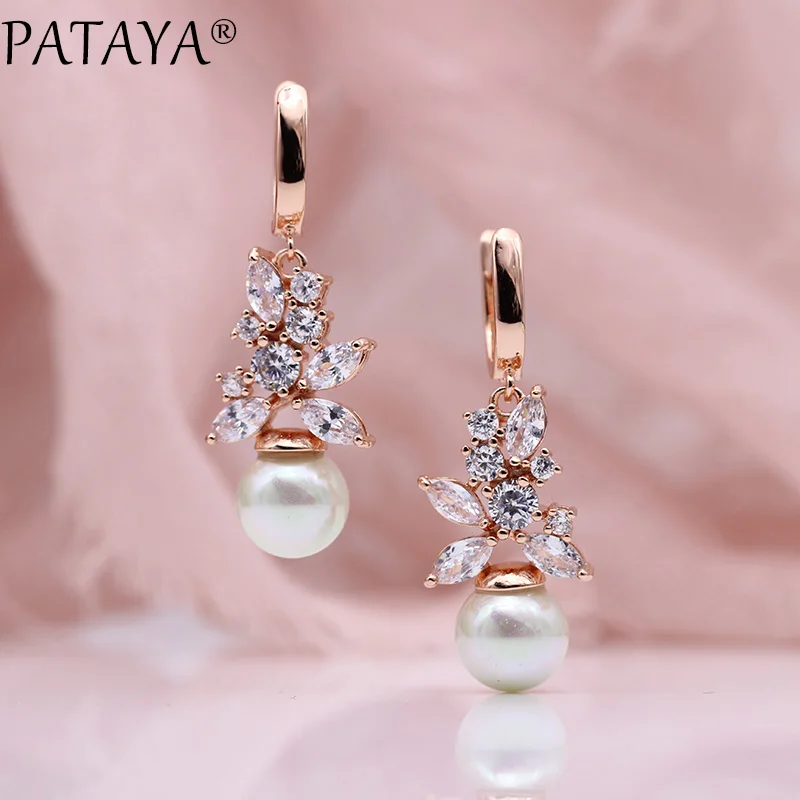 PATAYA New Shell Pearls Long Dangle Earrings Women Fashion White Round Natural Zircon 585 Rose Gold Color Wedding Party Jewelry