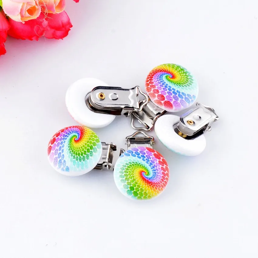 10PCs Baby Pacifier Clips Mixed Multicolor Pattern White Wood Metal Holders Cute Infant Soother Clasps Accessories 4.4x2.9cm