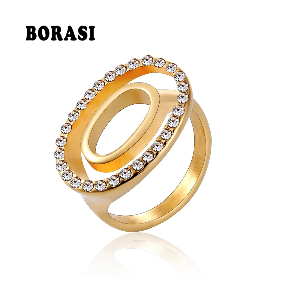 BORASI Top Quality Double Oval Inner Oval Rings For Women Trendy Crystal Rings Stainless Steel Women Fashion Brand Jewelry