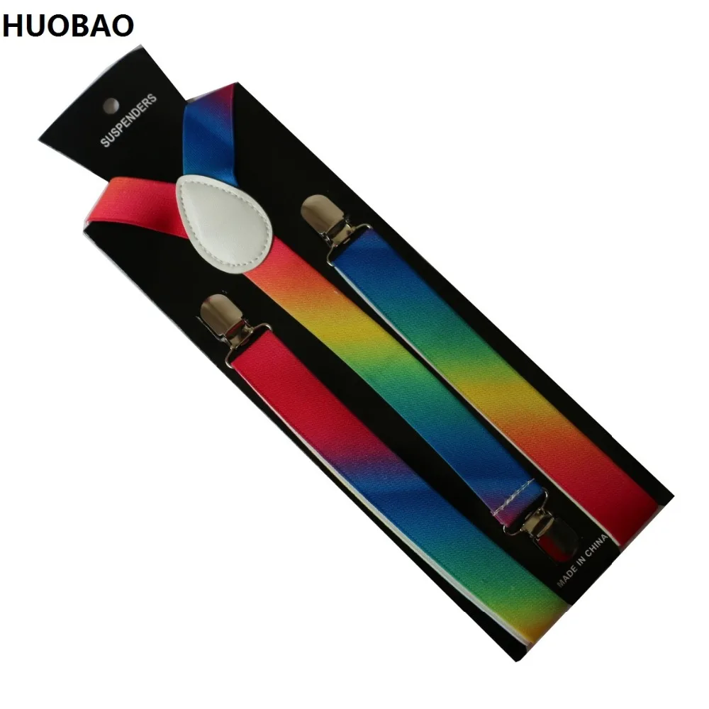 Huobao Baru Fashion2.5cm Lebar Rainbow Multicolor Adjustable Clip-On Y Kembali Elastis Suspender untuk Pria dan Wanita