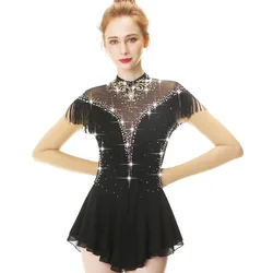 Black  Long Sleeve Tassels Crystal Diamond Bow Figure Skating Dress Skating Skirt Women's and girls