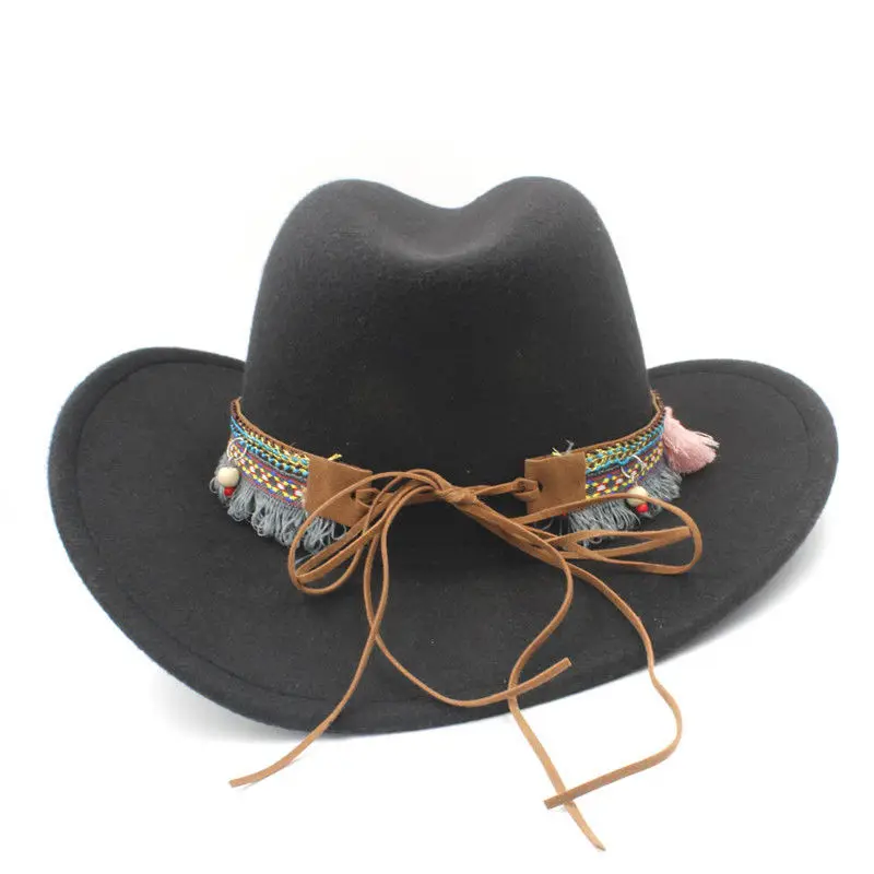 Mistdawn Fashion Women Men Wool Blend Wide Brim Western Cowboy Hat Cowgirl Caps Jazz Cap Bohemia Tassel Ribbon Band Size 56-58cm