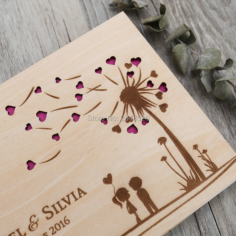 Rustic personalized wedding guest book,Custom Dandelion  wooden Wedding guestbook, personalized name and date photo album