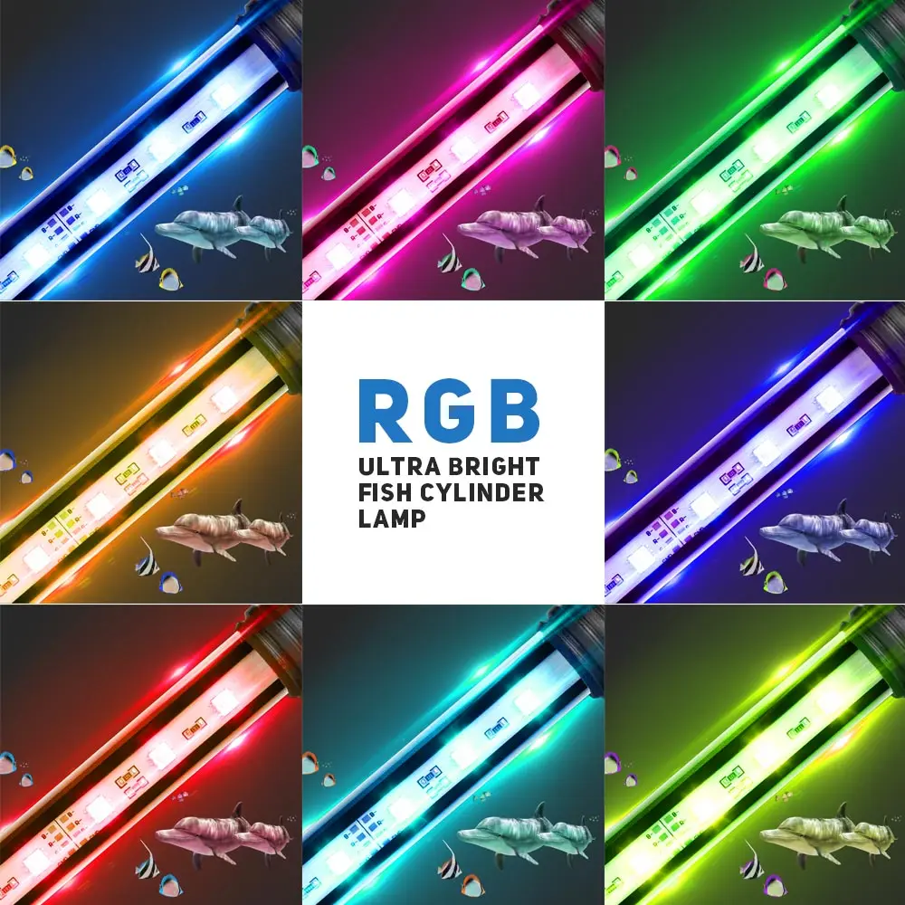 RGB Aquarium Fish Tank Lâmpada de tubo LED, Lâmpadas submersíveis, Iluminação com controle remoto sem fio, 5050 SMD, UE, EUA Plug