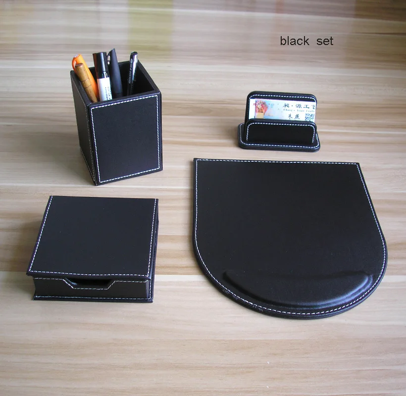 

4PCS /set wooden leather desk office stationery organizer pen holder pencil case card note case desk accessories black K209A