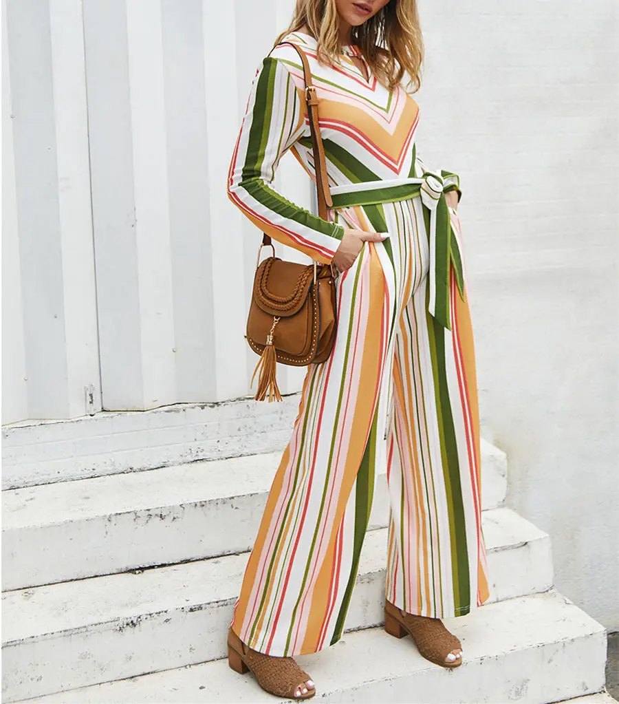 Pdfmily Autumn Winter Women Striped Casual  Jumpsuit Colorful Hollow Out Long Sleeve Rompers Ladies Frenulum Overall Jumpsuit