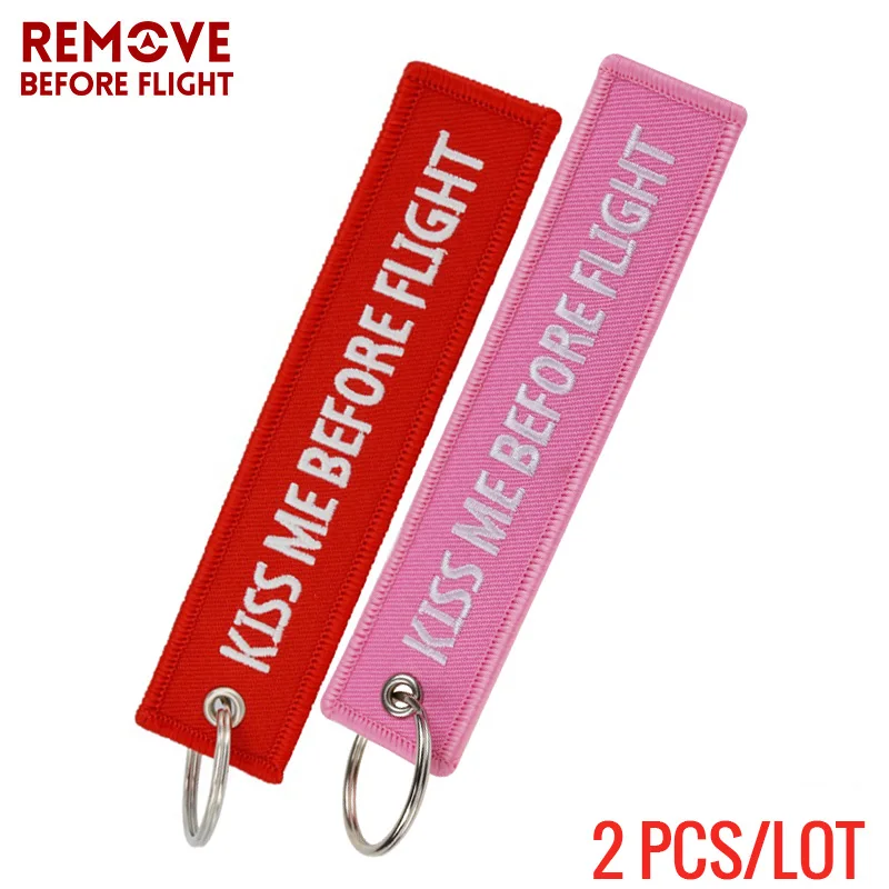 2PCS Motorcycle Key Chain REMOVE BEFORE FLIGHT Keychain Embroidery Key Fobs Car Key Rings for Woman/Man Kiss Me Before Flight