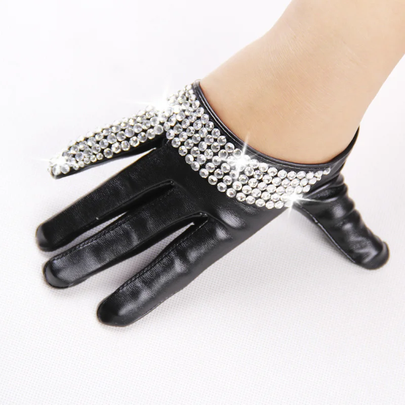 Women's fashon half palm rhinestone stick drill handmade ds faux PU leather gloves men's hip-hop performance gloves