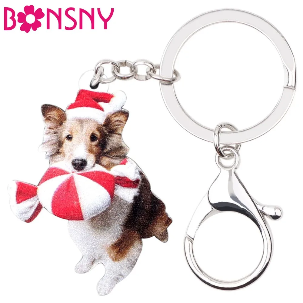 Bonsny Acrylic Christmas Sweet Candy Corgi Dog Key Chain Keychain Ring Navidad Xmas Gift Animal Jewelry For Women Girls Pet 2018