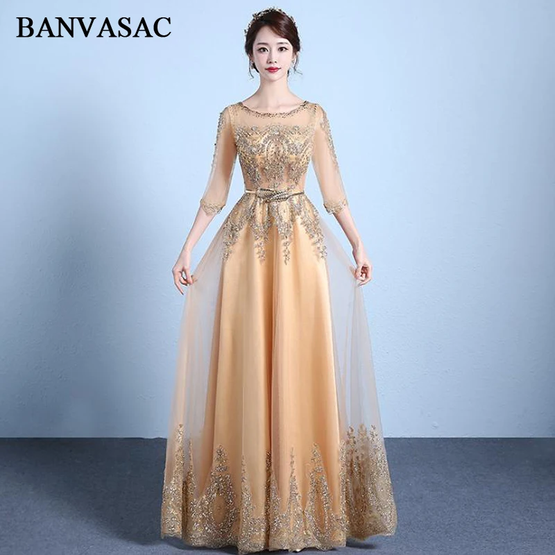 

BANVASAC Crystal Illusion O Neck A Line Long Evening Dresses Elegant Sequined Sash Party Prom Gowns