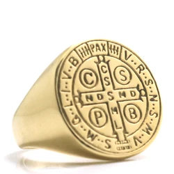 Size 6 To Size 16 Unisex CSPB CSSML NDSMD Saint Benedict of Nursia Christianity Jesus Cross 316L Stainless Steel Golden Ring