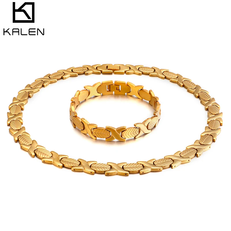 KALEN Bridal Jewelry Sets Wedding Jewelry Stainless Steel Bohemia Leaves Bracelet & Necklace Set Tri-Color X Choker Women Gifts