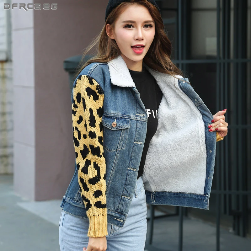 

Harajuku Knitting Patchwork Sweater Sleeve Denim Jacket Women Lambswool Liner Thicken Winter Coat New Slim Fashion Jaqueta Jeans