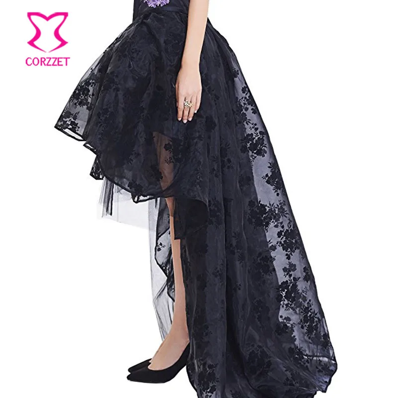 Black Floral Chiffon Front Short Back Long Gothic Victorian Skirt Steampunk Clothing Skirts Womens Vintage Clubwear Plus Size