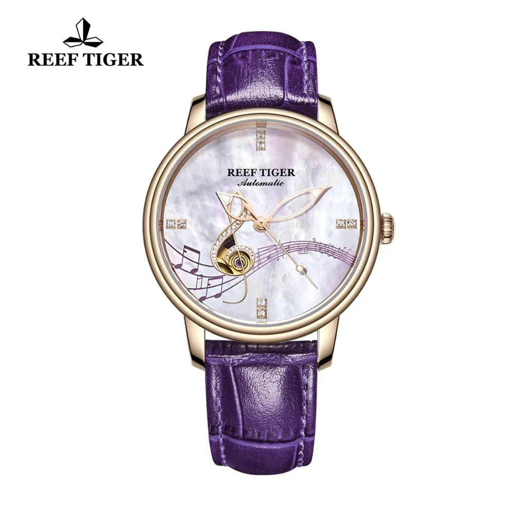 Reef Tiger/RT Women Fashion Watches New Rose Gold Luxury Automatic Watches Leather Band relogio feminino RGA1582