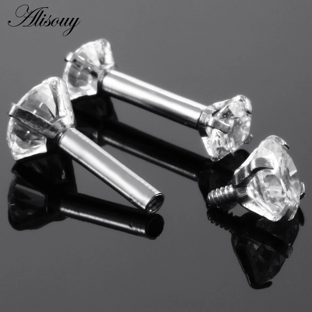 Alisouy 1pc Double Round Earring For Women Surgical Steel Bar Cartilage Piercing Crystal Zircon Rhinestone Ear Stud Bars Jewelry