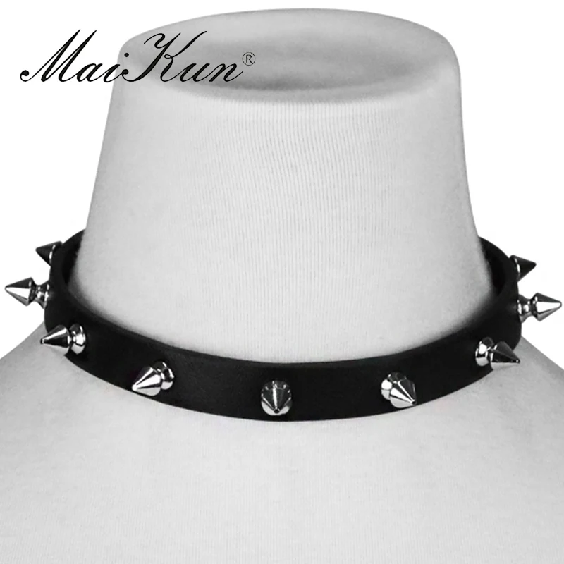 Maikun Harajuku Gothic Cuspidal Spikes Rivet Black Leather Necklaces & Choker Halloween Punk Thin Necklace Women Jewelry