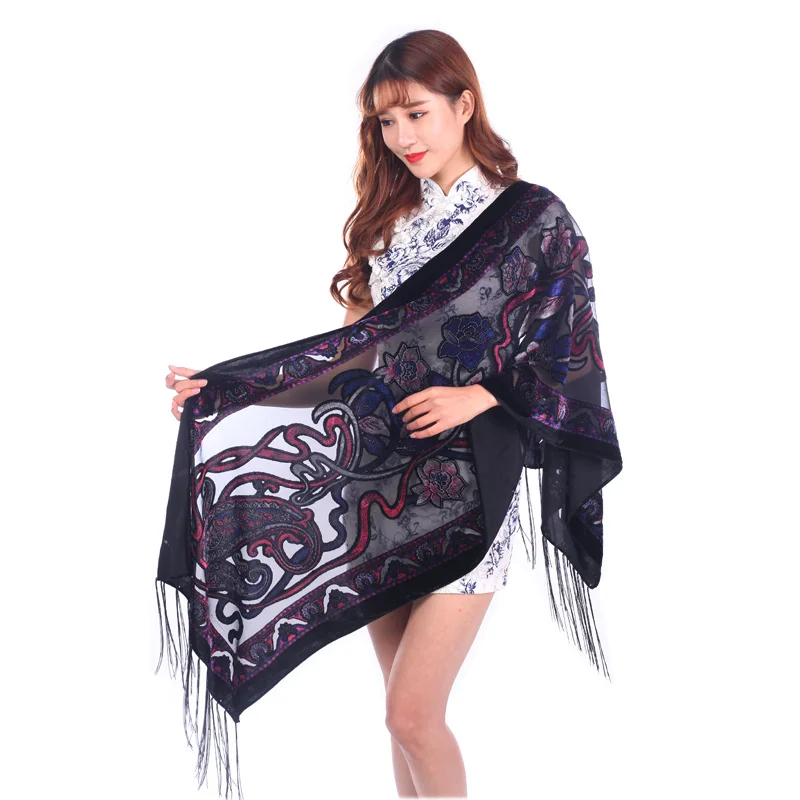 2018 New Burnout Velvet Poncho Winter Soft Blue-Pink Cashew floral Scarf Luxury Brand Hijabs Gift For Ladys Wedding Accessory