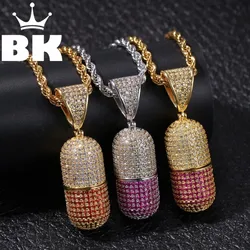 THE BLING KING Small Capsule Pill Can be Opened Pendant Necklace Hip Hop Full Iced Out Cubic Zirconia Stainless Steel Chain Men