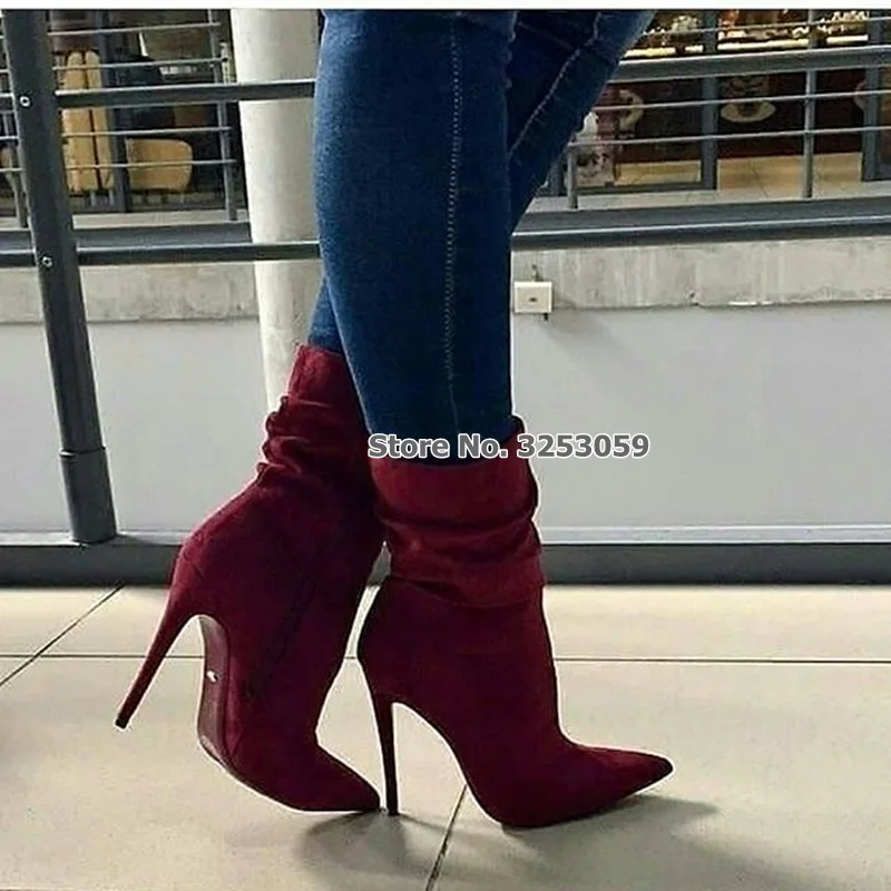 ALMUDENA Women Wine Red Army Green Suede Mid-calf Boots Folded Stiletto Heels Dress Boots Zipper High Heel Shoes Dress Pumps