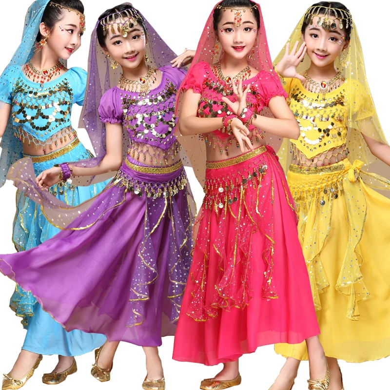 4 pçs/1 conjunto criança menina índia profissional dancewear crianças trajes de dança do ventre para meninas egito traje de dança do ventre para menina