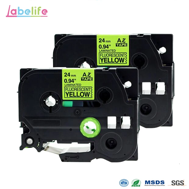 Labelife 2 Pack 24mm X5m Black on Fluorescent Yellow TZe-C51 TZ-C51 Compatible Brother p-touch laminated 