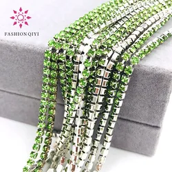 Hot Sale!!!5 yards Super bright encryption Light green 2mm-4mm silver base rhinestones cup chain,diy clothing accessories