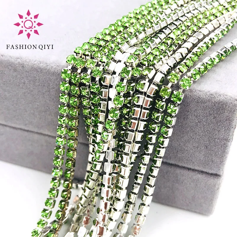 Free shipping 5 yards Super bright encryption Light green 2mm-4mm silver base rhinestones cup chain,diy clothing accessories