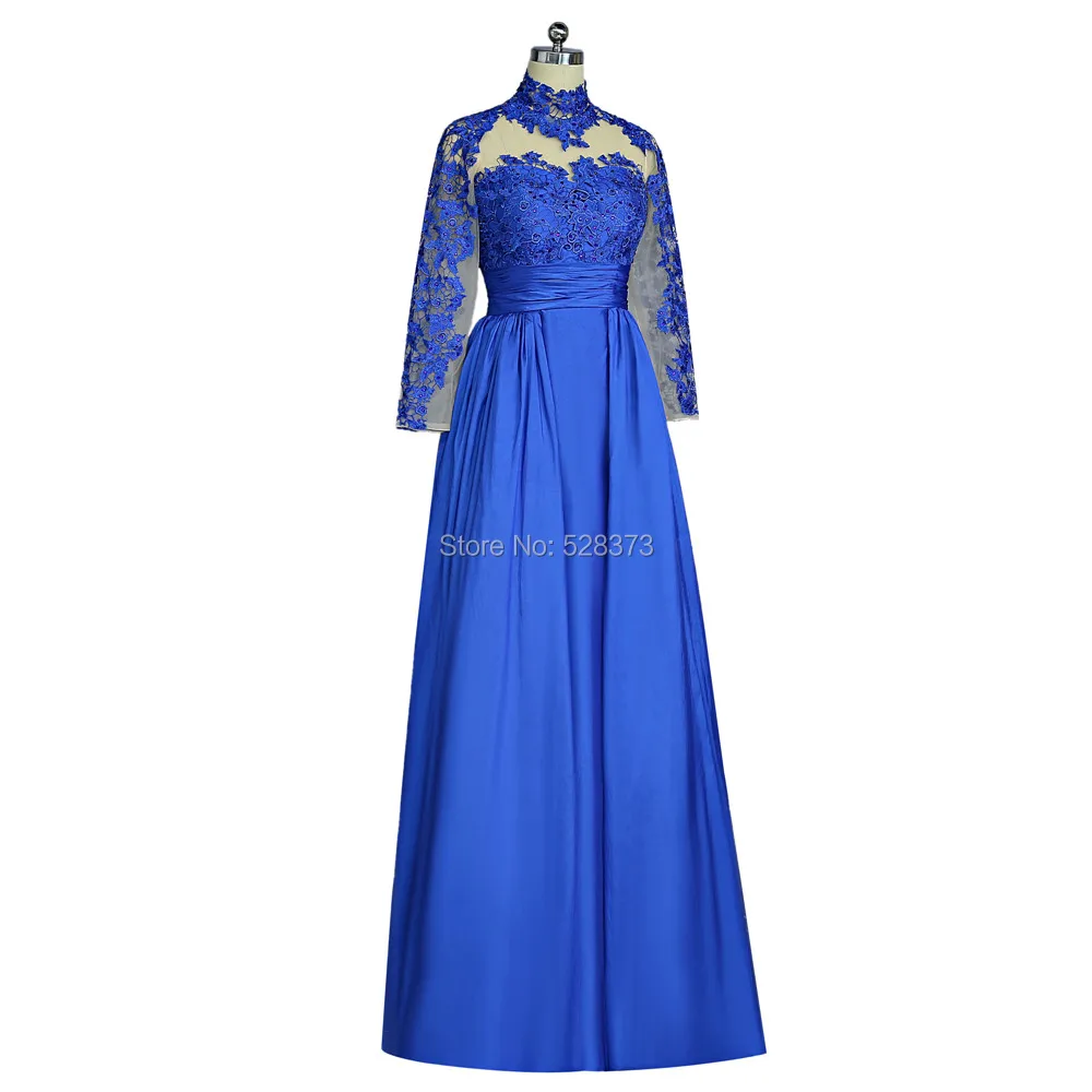 MD146 Royal Blue Taffeta Mother of the Bride/Groom Dress High Neck Long Sleeves Open Back Elegant Outfit for Wedding Events
