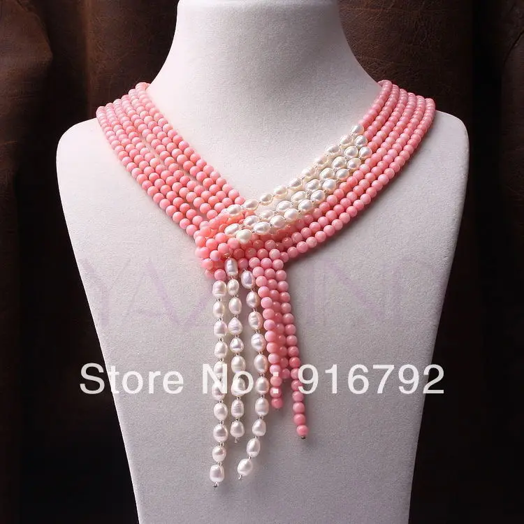 free shipping princess royal style pink coral white pearls strand chain long chain necklace 50