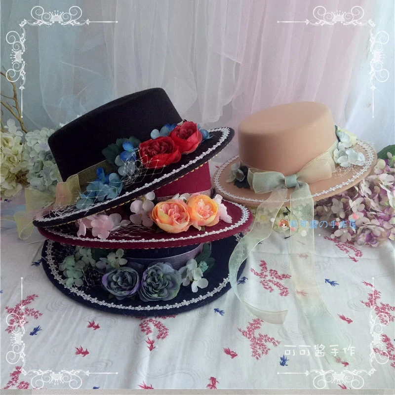 

Handmade lolita hat flower pill tea flower top hat British retro multicolor woolen autumn and winter cap