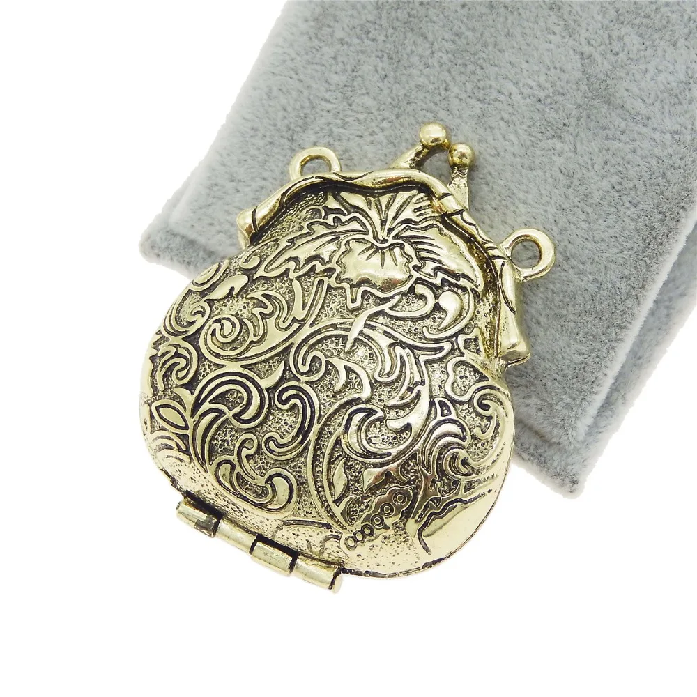 GraceAngie 2PCS Charms Antique Bronze Purse Shape Flower Pattern Locket Alloy Pendants Vintage Jewelry 54*45MM Open&Close Retro