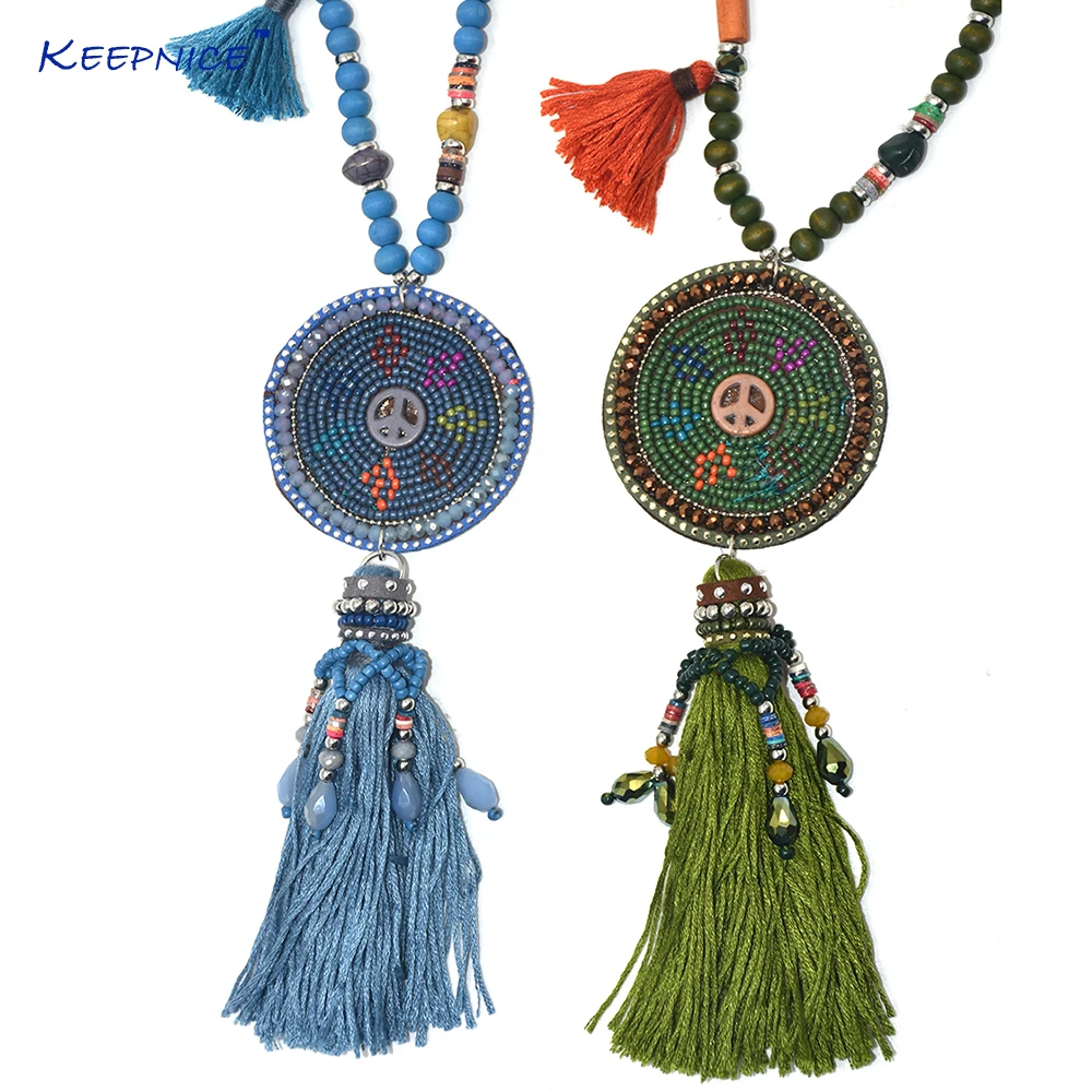 New Handmade Boho Wooden Beads Chain Cotton Tassel Pendents Necklce Bohemia Long Fringe Olive Green tassel Pendant Necklace