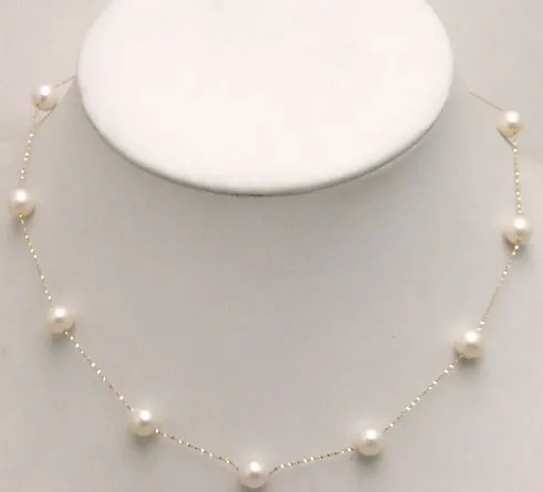 

Geniue gold Chain Floating AAA perfect round 8-9mm White Natural Freshwater pearl 18" necklace with Gold Clasp-nec5398