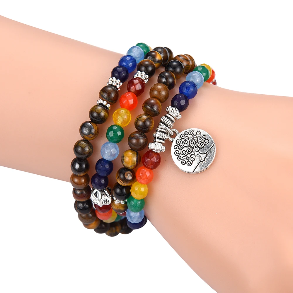 Life 7 Chakra Bracelet Men Women 108 Beads Mala Buddha Buddhism Healing Tiger Eye Stone 6mm Beaded Layered Bracelet Cabala