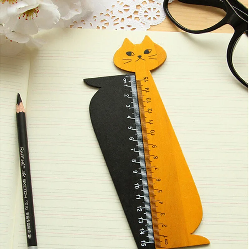 Lovely Cat Shape Ruler Cute Wood Animal Straight Rulers Gifts For Kids School Learning Supplies Stationery Black Yellow 15cm