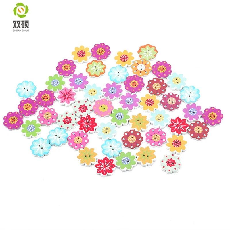 ShuanShuo Plum blossom Shape Wooden Buttons Printed DIY Jewelry Colorful Mixed Wood Buttons For Hat, Shoes, Clothes 50PCS/Bag