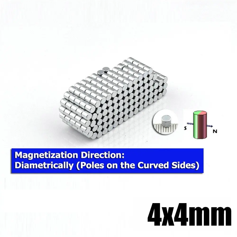 100pcs Neodymium Magnets Diametrically Magnetized Dia.4x4 mm 0.157'' Round Cylinder Micro Disc Precision Mini Stick +/-0.05mm