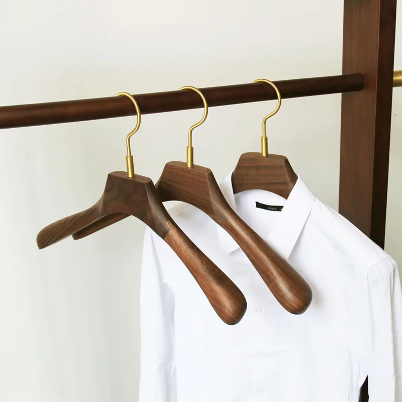 

6 pcs/lot Black Walnut Wood Coat Hanger Solid Wood Suit Hangers with Brass Hook Anti-skid Shoulder Seamless Clothes Drying Rack