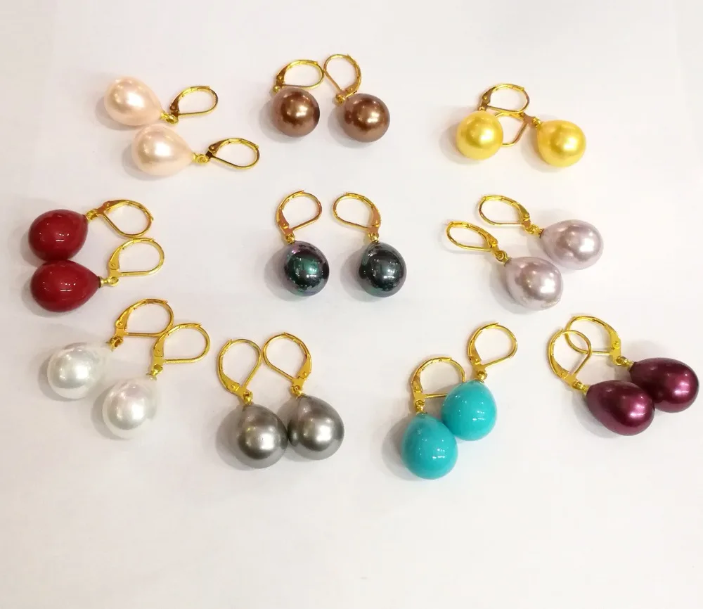 

10 pairs / lot women Jewelry Earring 12x16mm colorful water drop natural South Sea shell pearl dangle gold color hook Earring