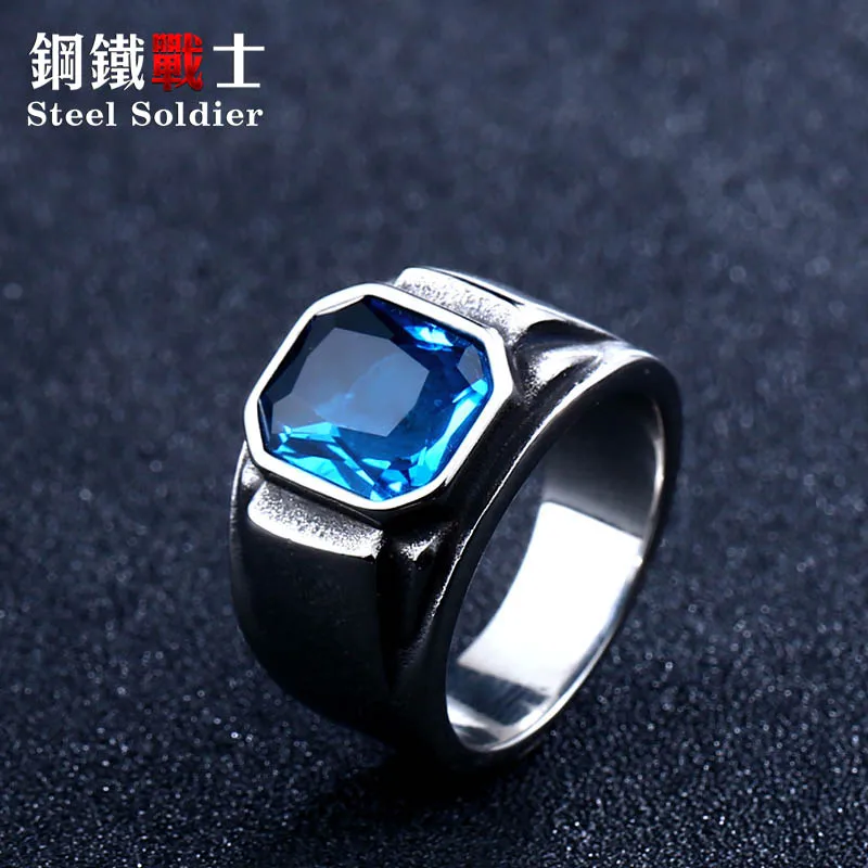 steel Korean fashion new solider green stone ring for women blue stone high polished men ring stainless steel jewelry